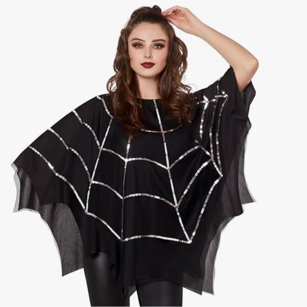 Spirit Plus Black 🕷️ Web Sequin Cape Poncho Halloween costume - Picture 10 of 12
